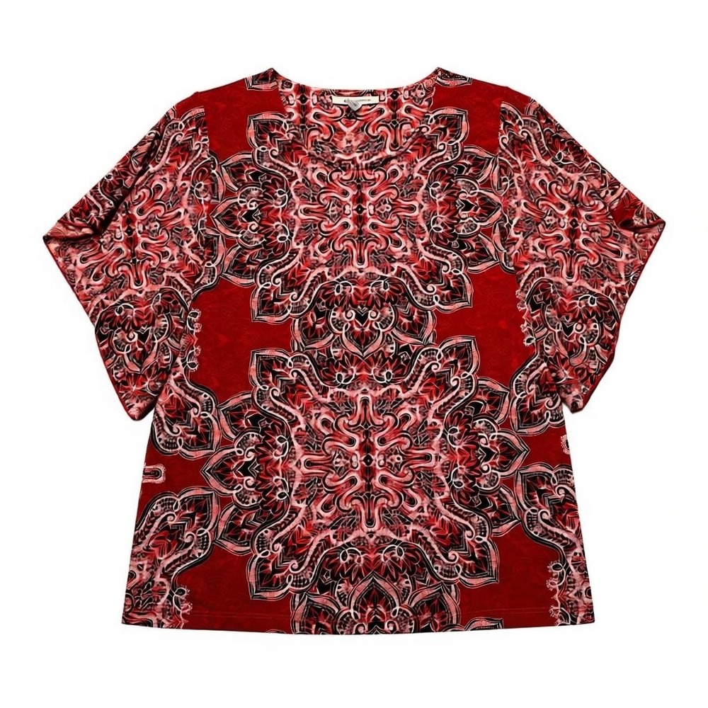JM Collection Red Black White Mandala Print Flutter Sleeve‎ Women's Top Size M